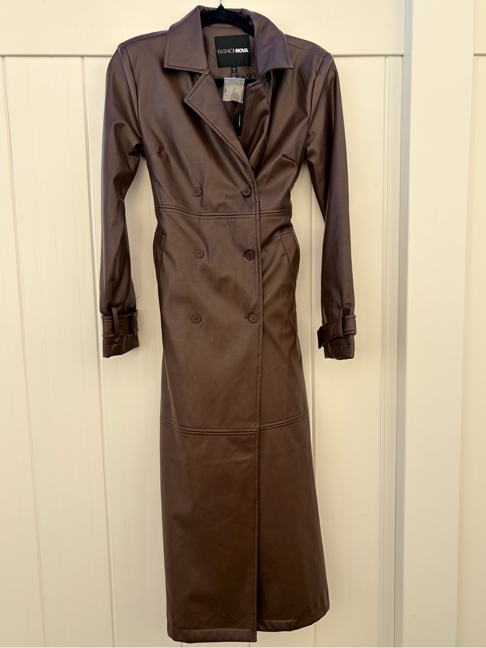 Fashion Nova Brown Faux Leather Double-Breasted Long Trench - Picture 5 of 8